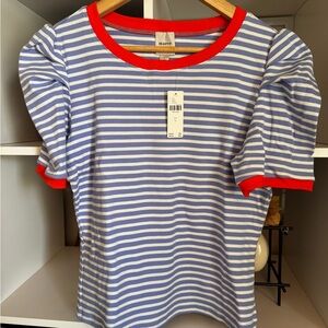 NWT Anthropologie Maeve Blue/Orange/White Top with cute puff sleeves Size L US